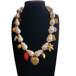 Pearl & Gold Charm Statement Necklace Freshwater Pearls Maximalist Oversized NWO
